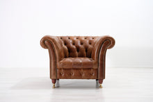 Load image into Gallery viewer, Chesterfield-tyylinen nahkanojatuoli ruskea
